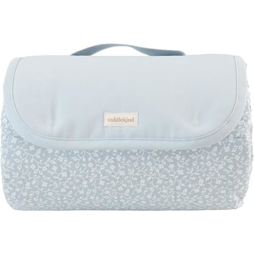 Toddlekind Premium Indoor/Outdoor Playmat & Picnic Blanket, Organic Quilted Cotton, Water-Resistant, Reversible Design, Spacious Play Mat for 6 People, Easy Roll-Up w/Carry Handle, Botanical Blue