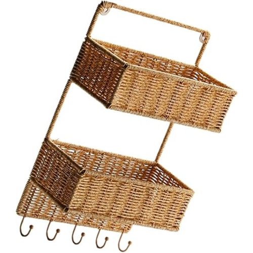 Angoily Woven Wall Mount 2-Tier Storage Sorter Basket with 5 Hooks Rattan Hanging Fruit Basket Kitchen Vegetables Organizers for Cutlery Condiment