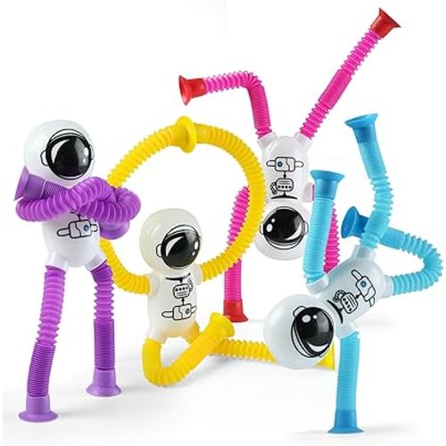 Astronaut Sensory Toys,4Pcs Kindergarten Graduation Gifts for Kid Toddlers,Suction Autism Toy Pop Tube Fidget Toys,Autistic Busy Travel Toys Stocking
