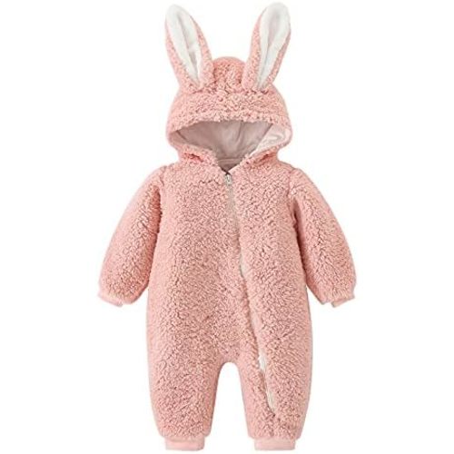 Unisex Baby Cute 𝐁unny Ears Hood Onesie Sherp𝐚 Fleece Winter Jumpsuit Romper with Zipper for Newborn Infant
