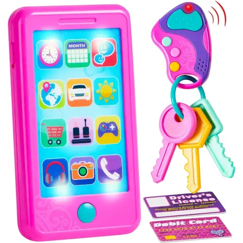 JOYIN Pretend Role Play Smart Phone, Keyfob Key Toy and Credit Cards Set, Kids Toddler Cellphone Toys, Toddler Birthday Gifts Toys for 1 2 3 4 5 Year Old, Kids Presents, Easter Basket Stuffers
