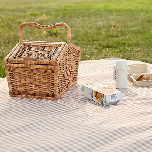 ESLA Picnic Blanket Waterproof Foldable in Large 80x60in and Extra Large 80x80in Cute Gingham Portable Compact Beach Blanket Oversized XL Outdoor Mat 234 - X-Large - Tan Gingham