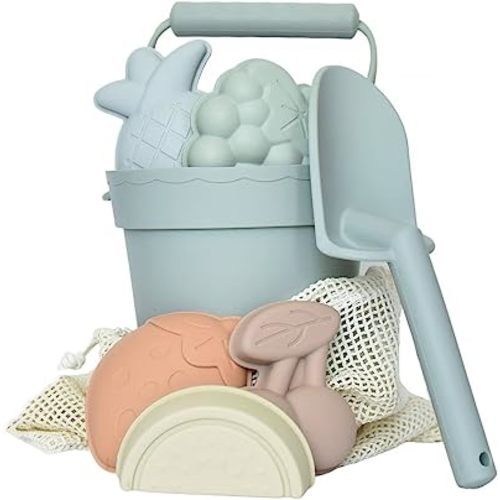 Silicone Beach Toy Set - Eco-Friendly, Easy to Clean, 5 Sand Toy Molds, Shovel & Beach Bag - Beach Toys for Kids Ages 4-8, Toddlers 1-3, Baby Beach Toys - Travel Friendly