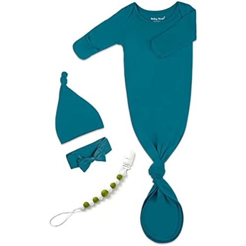 Newborn Baby Knotted Gown, Super Soft Silky Infant Long Sleeve Sleeper with Mittens and Hat & Bowknot Set (Extra Long)