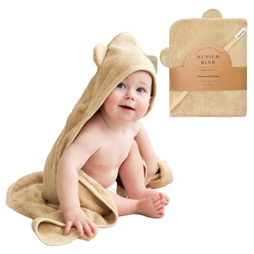 Munich Blue Toddler Bath Towel for Boys & Girls - Soft Baby Bath Towels with Cute Bear Ears - Cozy Baby Towels, Toddler Towels for Newborn, Infant & Toddler - 600 GSM, 35x35 inch (Oat)