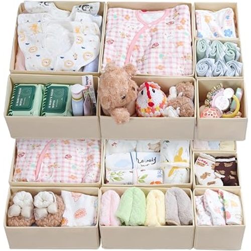 Drawer Organizer Clothes-Dresser Organizer for Nursery-Perfect Baby Clothes Organizer and Storage & General Nursery Organization or Dresser Drawer Organizer Foldable Washable Bins Beige