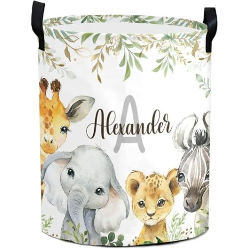 Animals Leaves Giraffe Elephant Large Storage Basket Personalized Laundry Hamper with Name Bathroom Home Decor Collapsible Round Storage Bin Boxes Clothing for Gift