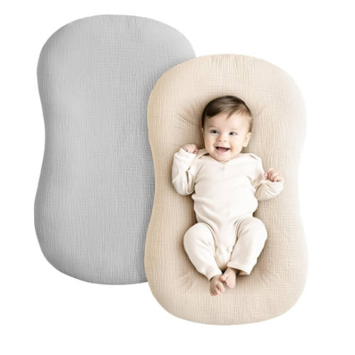 Konssy Muslin Baby Lounger Cover 2 Pack, 100% Cotton Newborn Lounger Cover, Soft and Breathable Baby Nest Slipcover for Boys Girls (Grey,Wheat)