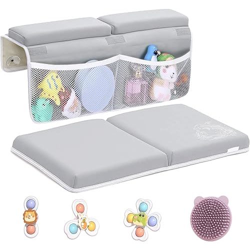 Mostop Bath Kneeler and Elbow Rest Pad Set - Bathtub Kneeling Pad for Baby Bathing - Thick Quick Dry Kneeling Pad Support for Knee & Arm - Non-Slip Bathtub Mat with Toys Organizer, 3 Bath Toys