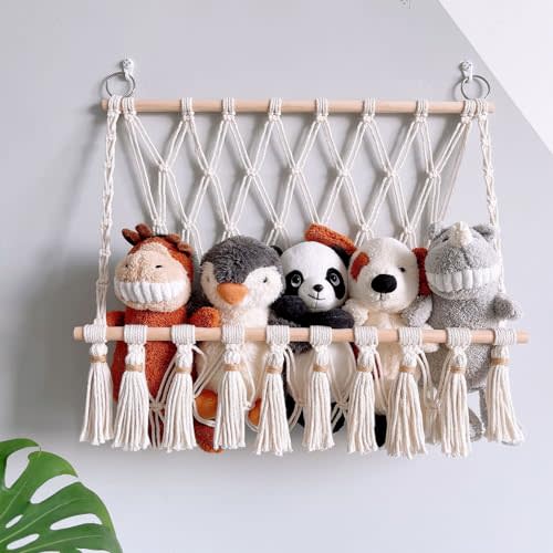 JENPECH Macrame Stuffed Animal Storage Hammock with Wooden Holder, Boho Stuffed Storage Organizer Net, Hanging Stuffed Animal for Net Nursery Wall Decor