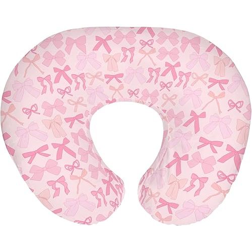 Pink Bows Girls Nursing Pillow Covers for Girl Valentine Bows Nursery Feeding Pillowcase for Breastfeeding Pillows Spring Pink Ribbons Soft Stretchy Removable Slipcovers for Newborn Infant