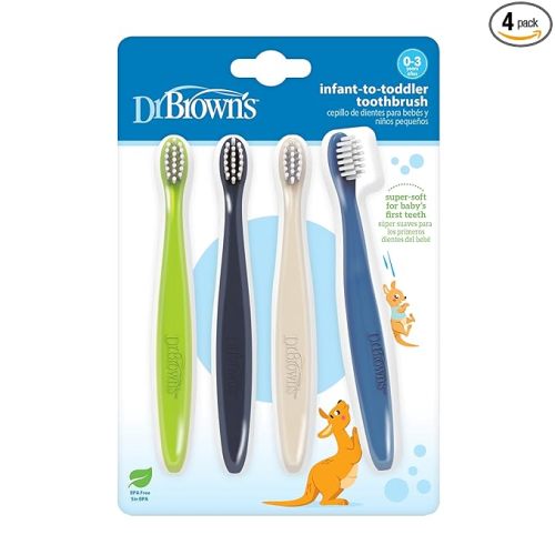 Dr. Brown's Infant-to-Toddler Toothbrush Set, Soft & Gentle Manual Toothbrushes for Baby, Green/Dark Blue/Ecru/Blue, BPA Free, 0-3 Years – 4-Pack