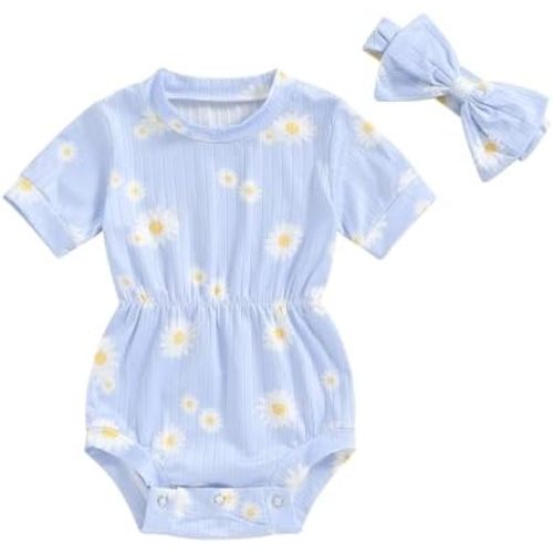 Karwuiio Newborn Baby Girl 2 Piece Outfits Short Sleeve Knit Jumpsuit Romper with Headband Summer Clothes