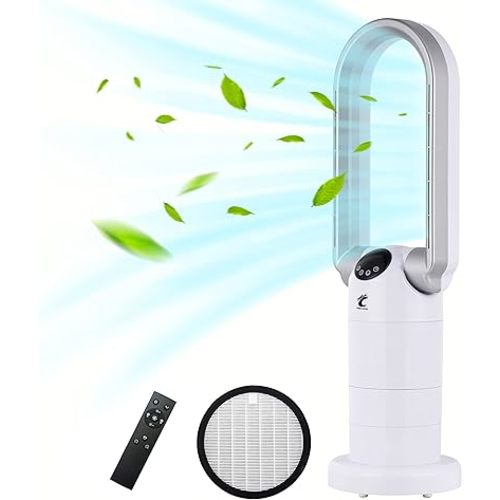Ocean Loong Bladeless Tower Fan with Air Purifier - Oscillation & Tilt Head - Quiet Cooling Fan for Bedroom Home Office 9 Speeds 9Hours Timer and Remote Control (White, 29”)