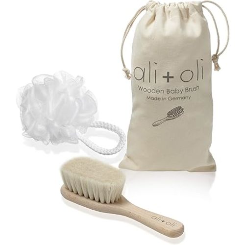 Ali+Oli Newborn Wooden Hair Brush- Baby Brush Set for Newborns- Baby Hair Brush with Mini Loofah- Infant Hair Brush, Cradle Cap, Wooden Baby Brush with Soft Goat Bristle