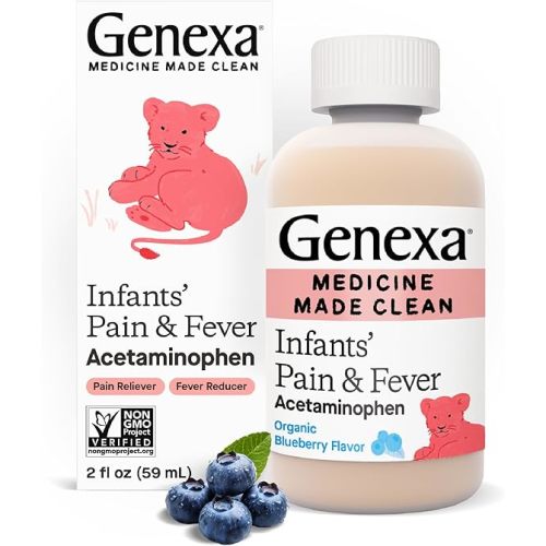 Genexa Infants’ Clean Pain & Fever Acetaminophen, Dye Free, 0% Artificial Additives, Delicious Organic Blueberry Flavor, Liquid Oral Suspension Medicine for Baby, 160 mg per 5mL, 2 fl oz