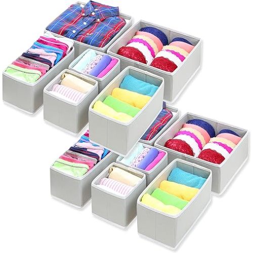 Simple Houseware Foldable Cloth Storage Box Closet Dresser Drawer Divider Organizer Basket Bins for Underwear Bras, Grey (Set of 12)