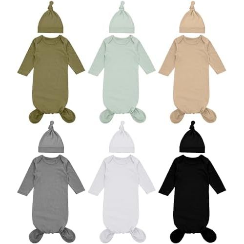 Cuffbow 6 Packs Newborn Baby Knotted Gowns Set 0-6 Months Cotton Sleeper Long Sleeve Nightgown and Hat Set for Infant Baby