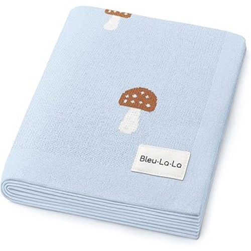 Mushroom Baby Blanket for Boys 100% Cotton Buttery Soft Cozy Receiving Swaddle Crib Stroller Blanket for Shower Gift Registry for Newborns, Infants, Toddlers (Mushroom - Blue)