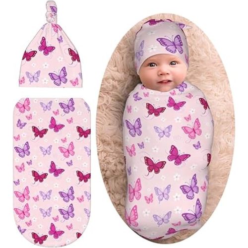 Lcokin Butterfly Baby Stuff Swaddle Blanket Newborn Baby Swaddling Blanket with Beanie Hat Sets for Boys Girls Infant and Baby Shower Unisex