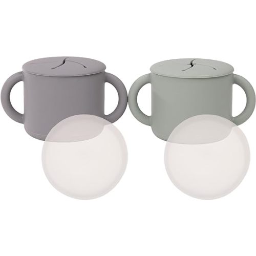 WeeSprout Snack Containers, Food Grade Silicone Cups, Spill-Proof Tops For Toddlers and Babies, Premium Hard Plastic Travel Lids, Dishwasher Safe, Set of 2 Snack Catchers - Matte Gray, Matte Green