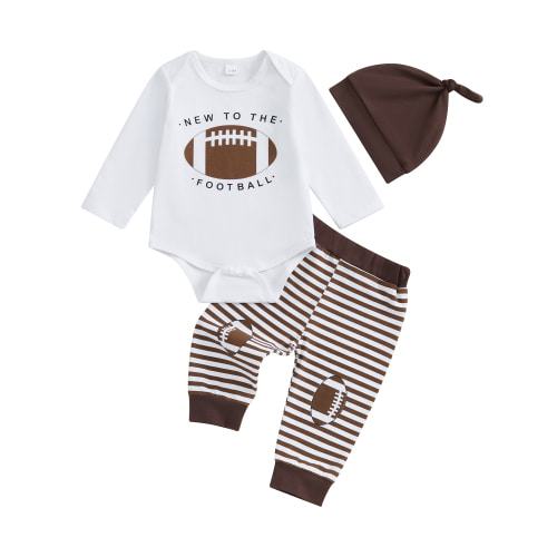 Suealasg Baby Boys Autumn Clothes Long Sleeve Football Print Romper Stripe Print Long Pants Hat Sets 3 6 12 Months Infant Newborn Boys 3Pcs Fall Pants Set