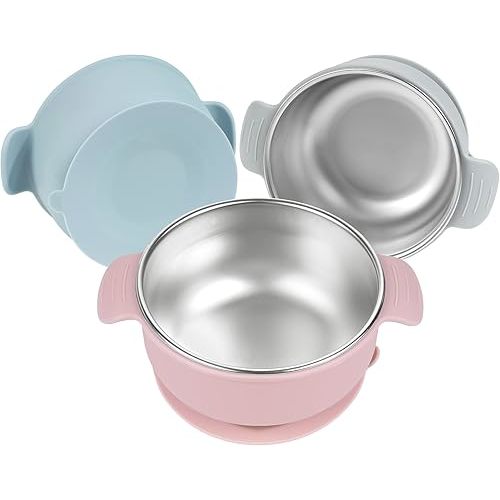 Bella's Friends Stainless Steel and Silicone Baby Bowls with Suction 3 Pack, 4.3” for Toddlers Kids Feeding, Non-Slip, Non-Toxic, Mess-Free, Dishwasher Safe, Fit High Chair Size, light pink blue gray