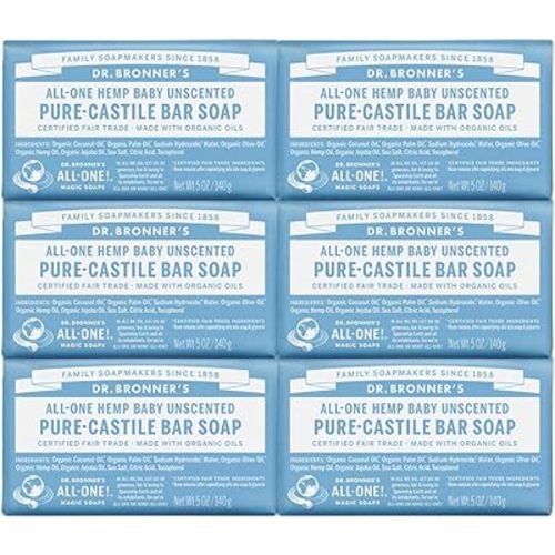Dr. Bronner's - Pure-Castile Bar Soap (Baby Unscented, 5 oz, 6-Pack) -Made with Organic Oils, For Face, Body & Hair, Gentle for Sensitive Skin & Babies, No Added Fragrance,Biodegradable,Vegan,Non-GMO