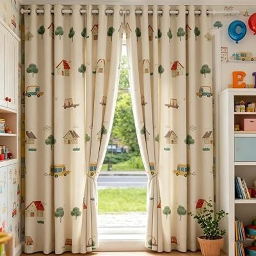 Beige Cartoon House Tree Car Print Semi Blackout Curtain Panels