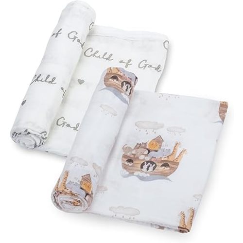 LollyBanks Muslin Swaddle Blankets 2PACK, 100% Cotton Baby Blanket 47 x 47 Inches, Large Baby Swaddle Breathable, Muslin Blankets for Boys and Girls (Child of God and Noah's Ark Print)