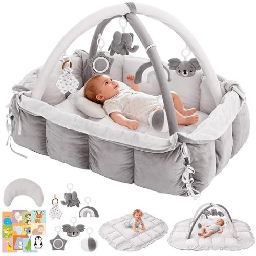 5-in-1 Baby Play Gym and Tummy Time Mat, Tummy Time Pillow & 12 Learning Cards, Plush Activity Mat with 6 Toys, Baby Gym, Convertible to Ball Pit, Baby Gift, Grey