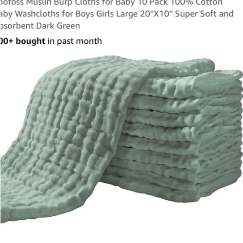 Yoofoss Muslin Burp Cloths for Baby 10 Pack 100% Cotton Baby Washcloths for Boys Girls Large 20''X10'' Super Soft and Absorbent Dark Green