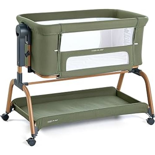 ANGELBLISS 3 in 1 Baby Bassinet, Rocking Bassinets Bedside Sleeper with Comfy Mattress and Wheels, 6 Height Adjustable Easy Folding Portable Bedside Crib for Newborn Infant (Green)