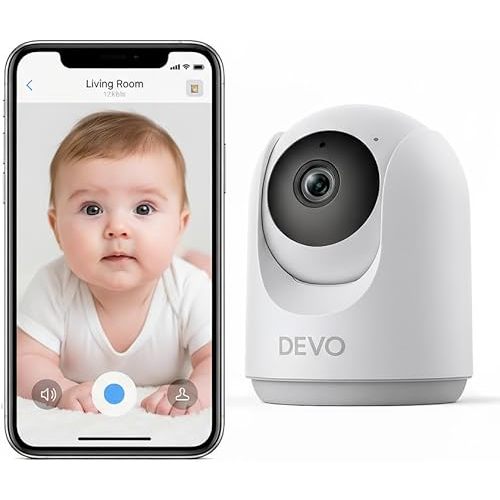 Devo Smart Home Camera 2K HD, 360° View, Auto Motion Detection for Pets/Babies. Features Color Night Vision & 2-Way Talk