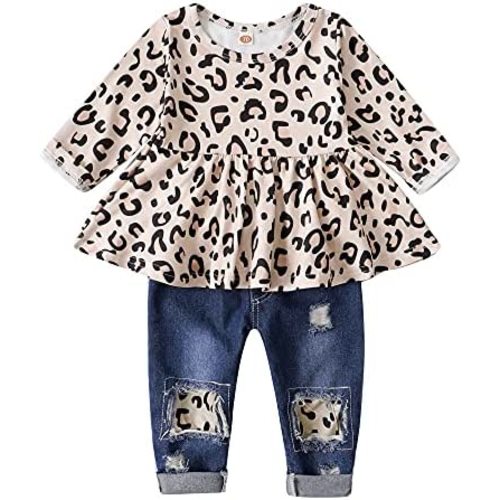 XUANHAO Baby Girl Clothes 12 18 24 Months Outfits For Infant Toddler Denim Girls' Clothing Ruffle Top Ripped Jeans Pant Sets