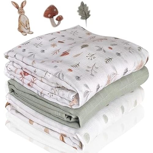 Muslin Swaddle Blankets for Newborn – 3 Pack Large 47"x47" Receiving Blankets – Soft, Breathable & Gentle – Unisex Forest Theme