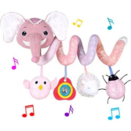 HILENBO Car Seat Toys, Infant Baby Elephant Fox Spiral Plush Activity Hanging Toys for Car Seat Stroller Bar Crib Bassinet Mobile with Music Box BB Squeaker and Rattles (Pink Elephant)