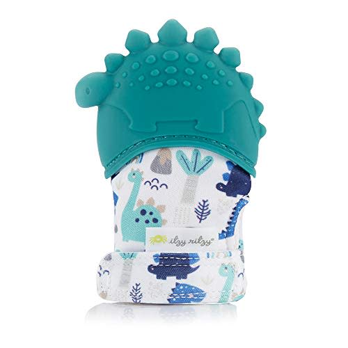 Itzy Ritzy Silicone Teething Mitt – Soothing Infant Teething Mitten with Adjustable Strap, Crinkle Sound and Textured Silicone to Soothe Sore and Swollen Gums, Teal Dinosaur