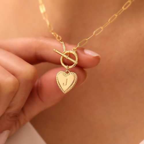 Gold heart initial necklace, 18K Gold filled initial letter necklace for women, paperclip chain, toggle clasp letter necklace