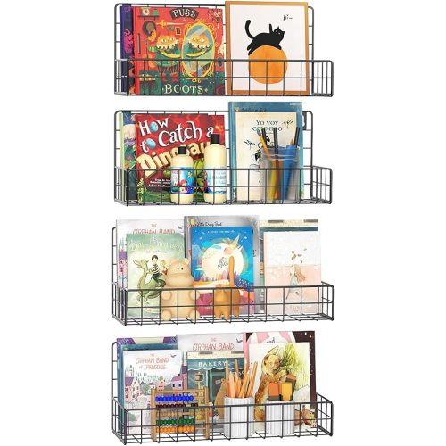 Wall Mounted Metal Kids Bookshelf - Wall Book Shelf for Kids Rooms, Hanging Book Baskets Organizer for Room Decor, Nursery Classroom Home Floating Bookshelves Set of 4