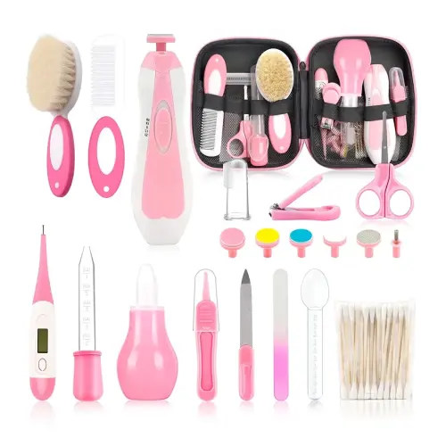 Infant Grooming Essentials: Electric Safety Nail Trimmer, Nasal Aspirator, Hair Brush, Comb, Nail Clipper (27 Piece Safety Care Set for Newborns - Pink)