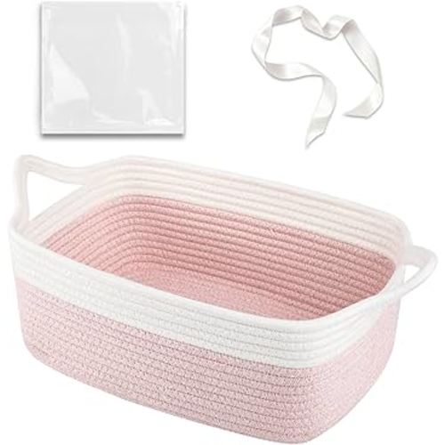 OIAHOMY Small Basket with Handles, Cotton Rope Dog Cat Toy Bin, Woven Storage Baskets for Living Room Nursery, Gift Basket Empty for Halloween, Christmas, 13.5"x10"x6", Grey & White