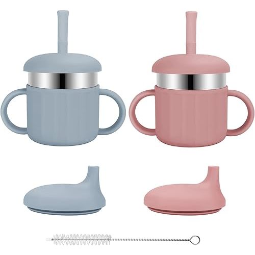Baby Sippy Cups, 7.4 Oz Sippy Cups, 3 Stages Training Cup, Straw Cup for Infants Toddlers 6-12 Month and Kids 1-3 Year, Stainless Steel Kid Cups with Silicone Straws (Coral + Blue)