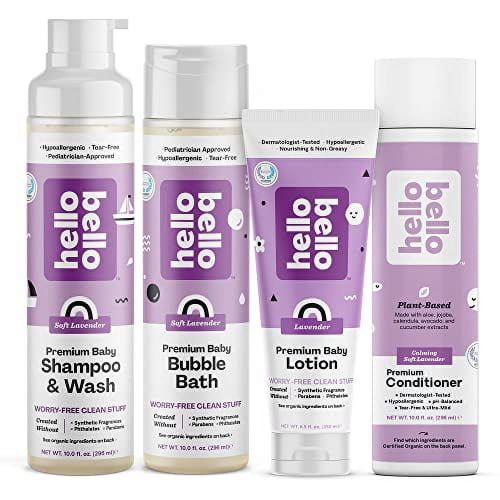 Hello Bello Baby Lavender Bath & Bedtime Bundle | Bubble Bath, Shampoo, Conditioner and Lotion I Extra Gentle, Tear Free, Hypoallergenic and Pediatrician Tested | 4 Count