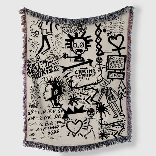 Jean-Michel Basquiat Inspired Black & White Woven Blanket – Grunge Art Throw, Gothic Tapestry, Punk Aesthetic Home Decor, Grunge Woven