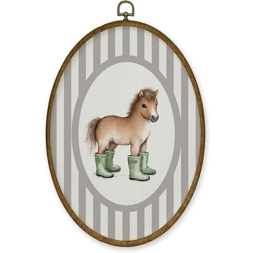 JMENGSSFL Vintage Horse Animal Nursery Oval Wall Art Decor, Farm Nursery Canvas Prints, Rustic Horse Framed Wall Art for Kids Toddler Boy Girl Nursery Room Bedroom Playroom Decor, 8.6x11.4 Inch