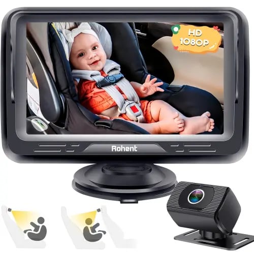 Rohent Baby Car Camera HD 1080P - Rear-Facing Infant Monitor with Night Vision Car Camera for Baby 150° Wide-Angle Lens Anti-Glare Screen Easy Install 360° Adjustable Display
