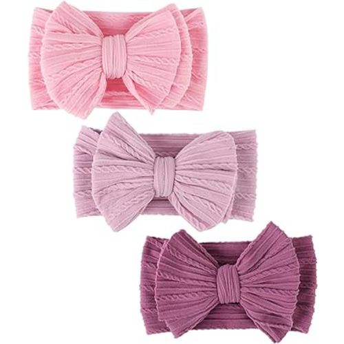 DRESHOW BQUBO Handmade Baby Headbands Soft & Stretchy Hair Bands with Bows Nylon Bows Hairbands for Girls Newborn Infant Toddlers Hair Accessories 3 pack