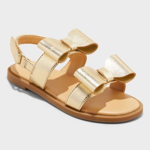 Toddler Girls' Ruby Bow Sandals - Cat & Jack™ Gold 5t: Open Toe, Adjustable Hook And Loop Strap, Flexible Outsole