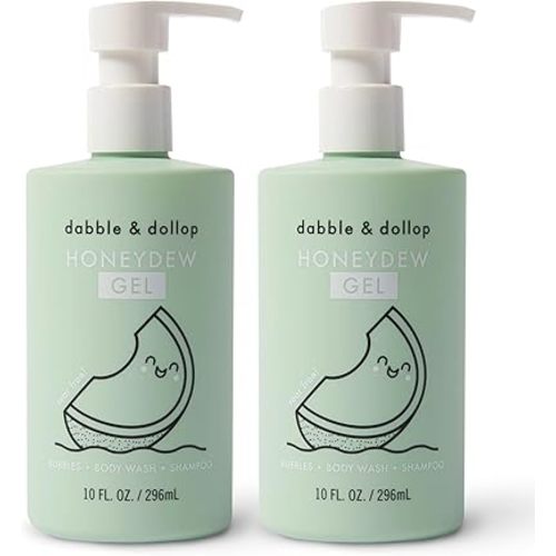 Dabble & Dollop Honeydew Melon Body Wash & Shampoo - 3 in 1 Natural Bubble Bath for Kids, USA-Made, Paraben & Sulfate Free, Vegan, Gluten-Free, Tear-Free (10oz, Pack of 2)